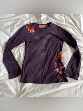 Johnny Was Los Angeles Dark Purple Embroidered Long Sleeve Top